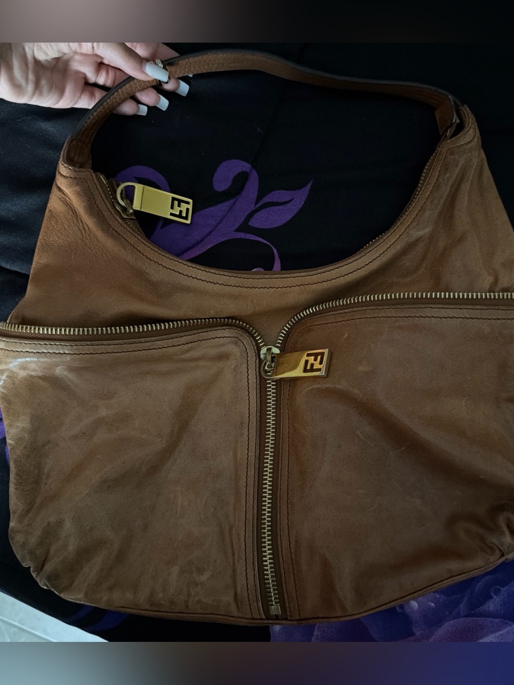 Fendi Brown Leather Messenger Bag with Gold FF Zipper Pulls